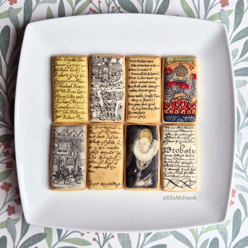 A photograph of eight rectangular biscuits (cookies) arranged in two rows on a square white plate. The plate is framed on all sides by a trailing vine pattern in green with pops of red. The biscuits are mostly in shades of ivory, cream, yellow, and grey, with a burst of vivid red and blue in one corner of the arrangement. Moving across the top row of biscuits from left to right, the designs include: neat lines of handwritten names in an early modern parish register; a section of a hand-drawn map from 1561 featuring St Paul’s Cathedral, with street names like ‘Carter Lane’ visible in a tiny spiky font; an extract of text from a funerary monument printed in an early modern book, ending ‘So transitory is our glory’; a section of embroidery from a funeral pall featuring metallic silver armour, crossed gold keys, and two hands holding up a crown. The biscuit designs on the bottom row include: horses prancing past shopfronts on Cheapside in the mid-sixteenth century; a receipt written in early modern secretary hand, which is difficult to read; a portrait of a stern-looking women dressed in a ruff, pearls, and sober dark clothing; swirling calligraphy and dense secretary hand featuring on a will dating from 1638.
